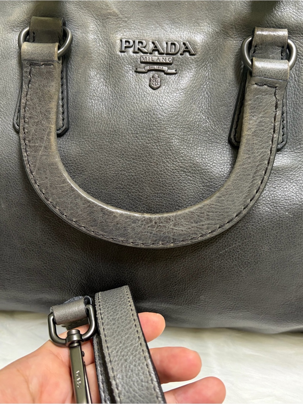 Authentic PRADA Vintage Gray Leather 2-Way Bag - Picture 11 of 13